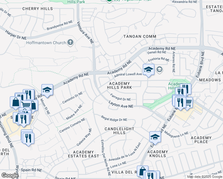 map of restaurants, bars, coffee shops, grocery stores, and more near 9400 Academy Hills Drive Northeast in Albuquerque