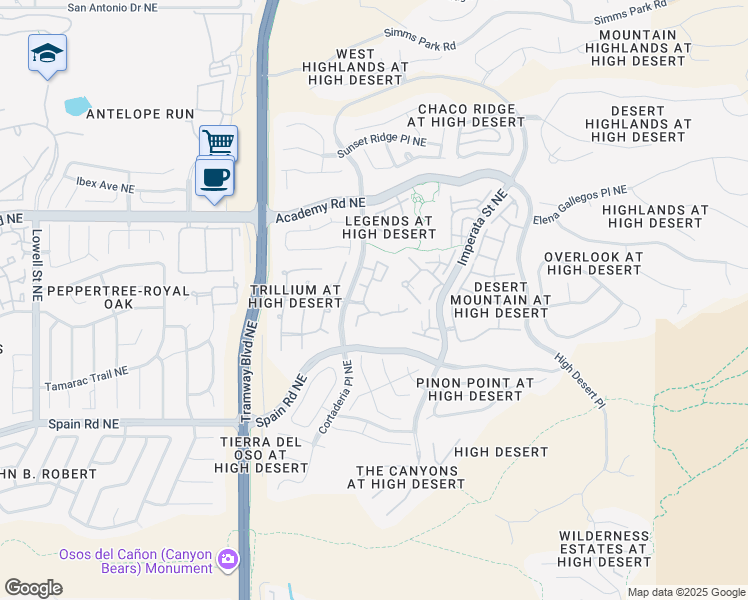 map of restaurants, bars, coffee shops, grocery stores, and more near 6000 Cortaderia Street Northeast in Albuquerque