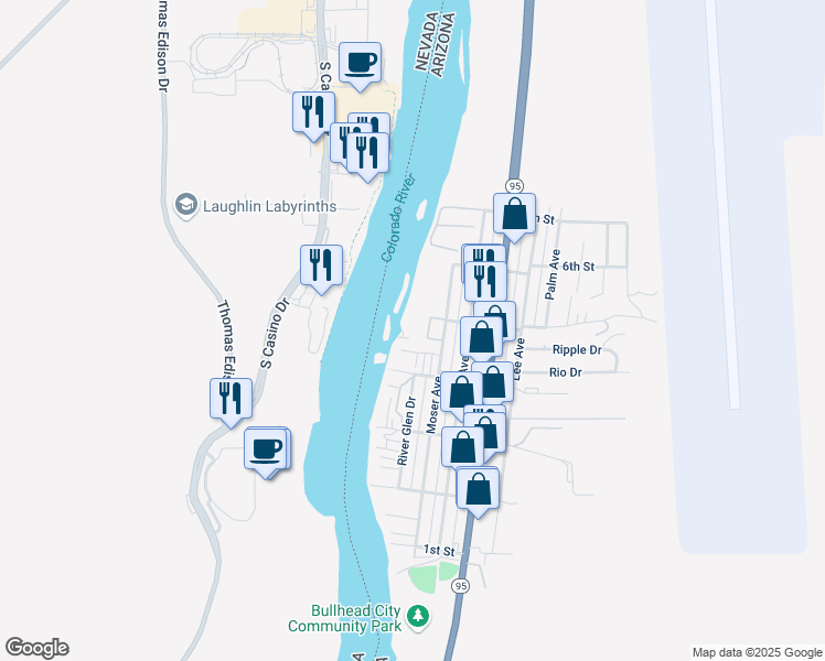 map of restaurants, bars, coffee shops, grocery stores, and more near 251 Moser Avenue in Bullhead City