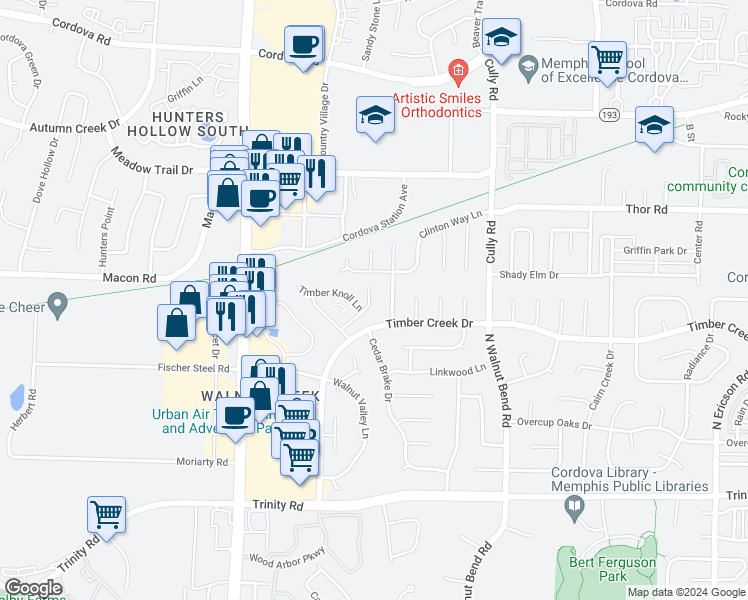 map of restaurants, bars, coffee shops, grocery stores, and more near 892 Timber Grove Dr in Memphis