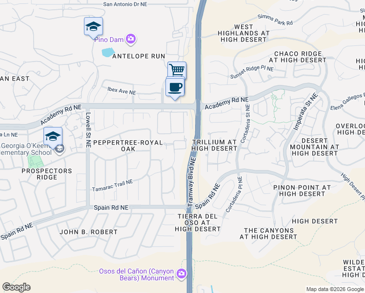 map of restaurants, bars, coffee shops, grocery stores, and more near 99999 McKay Way Northeast in Albuquerque
