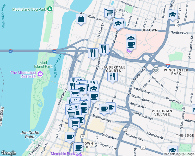 map of restaurants, bars, coffee shops, grocery stores, and more near 157 Poplar Avenue in Memphis