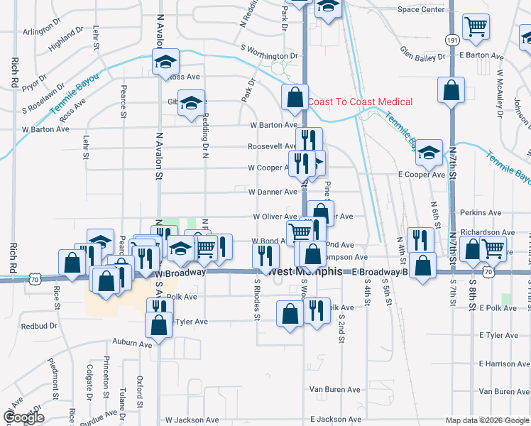map of restaurants, bars, coffee shops, grocery stores, and more near 45 West Oliver Avenue in West Memphis