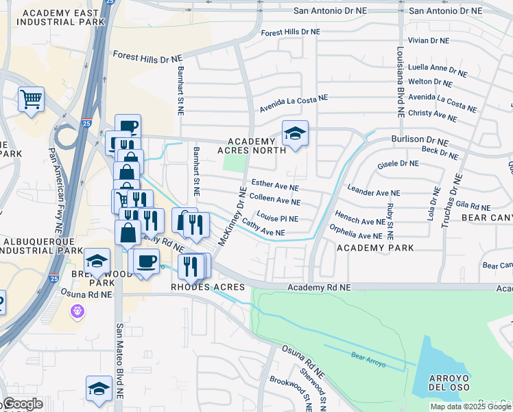 map of restaurants, bars, coffee shops, grocery stores, and more near 6417 Louise Place Northeast in Albuquerque