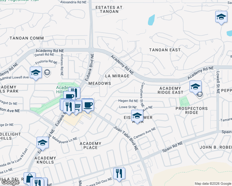 map of restaurants, bars, coffee shops, grocery stores, and more near 10604 Malaguena Lane Northeast in Albuquerque