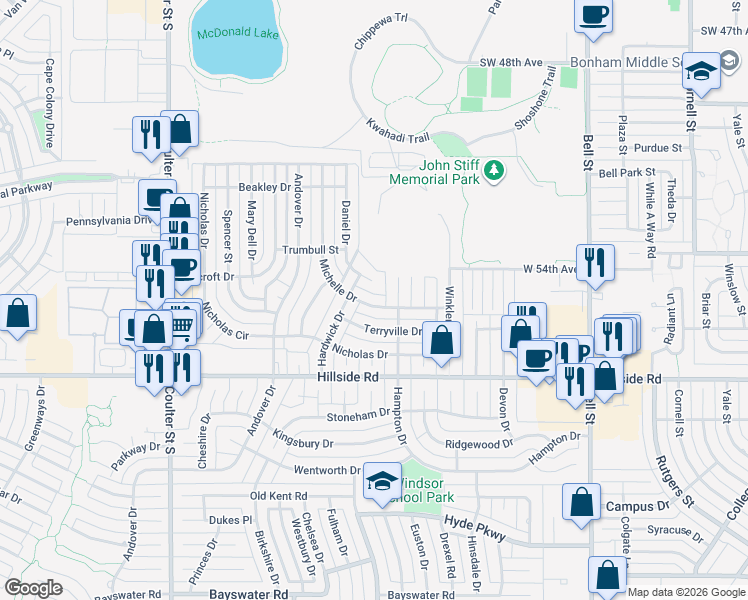 map of restaurants, bars, coffee shops, grocery stores, and more near 6706 Michelle Drive in Amarillo