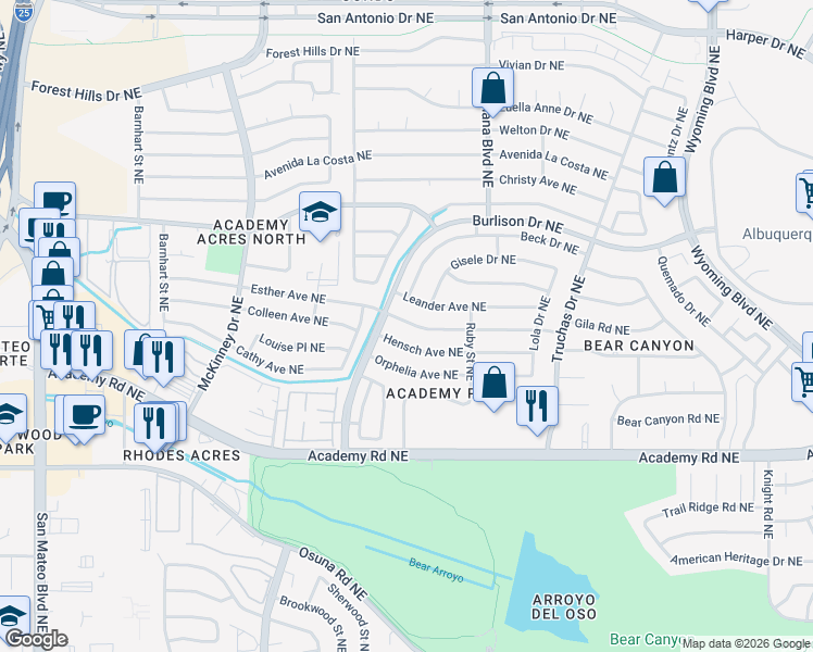 map of restaurants, bars, coffee shops, grocery stores, and more near 6612 Esther Avenue Northeast in Albuquerque
