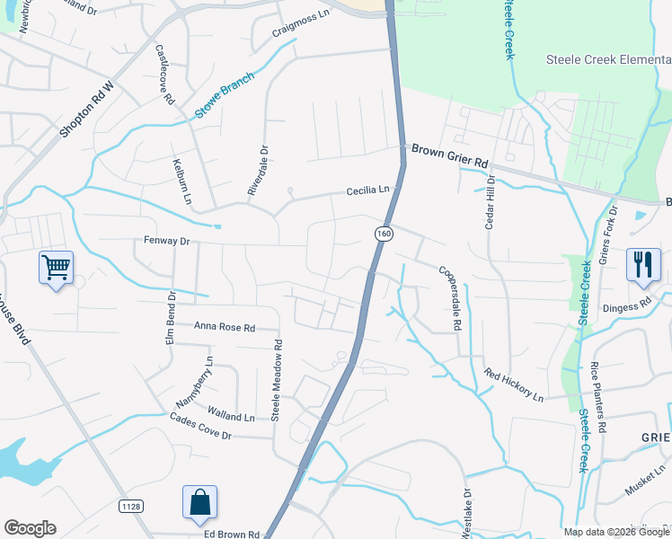 map of restaurants, bars, coffee shops, grocery stores, and more near 7206 Rupell Drive in Charlotte