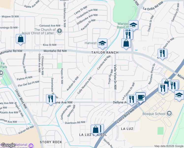 map of restaurants, bars, coffee shops, grocery stores, and more near 5521 Calle Nuestra Northwest in Albuquerque