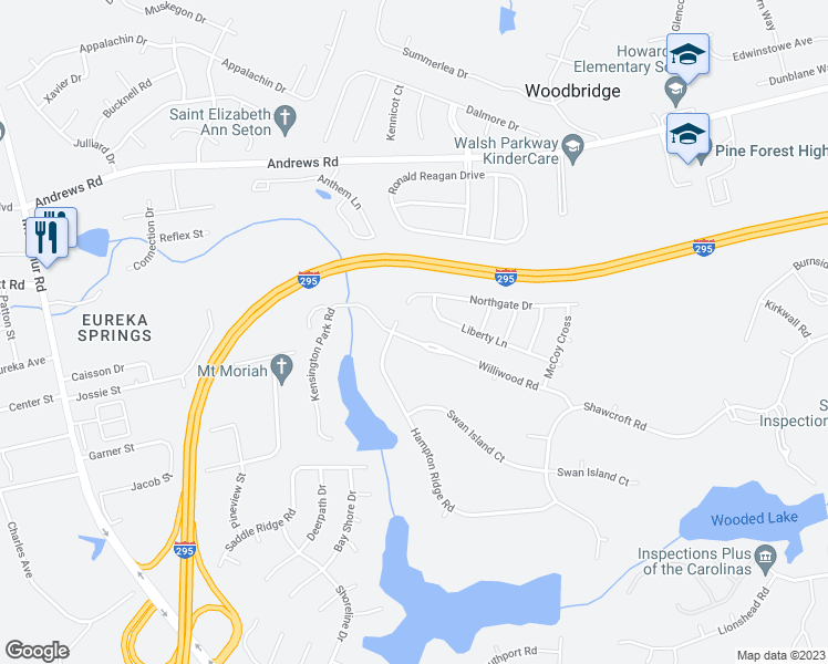 map of restaurants, bars, coffee shops, grocery stores, and more near 736 Kensington Park Road in Fayetteville