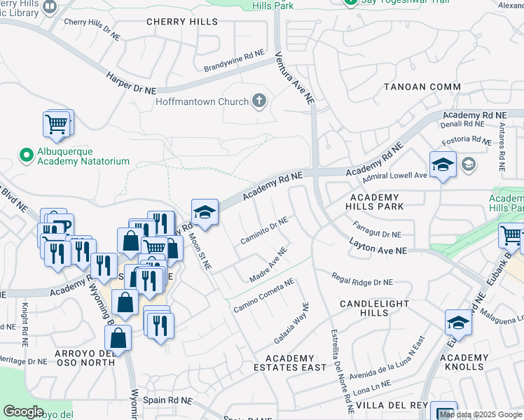 map of restaurants, bars, coffee shops, grocery stores, and more near 6116 Casa De Vida Northeast in Albuquerque