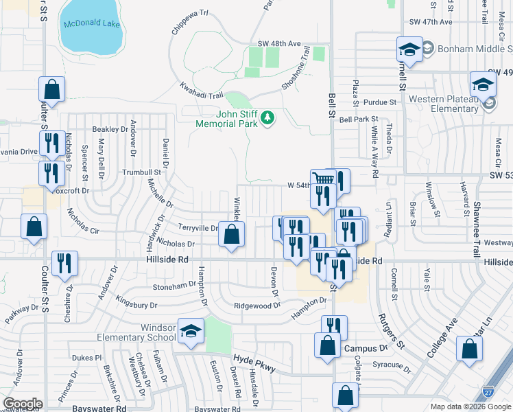 map of restaurants, bars, coffee shops, grocery stores, and more near 5419 Somerset Drive in Amarillo