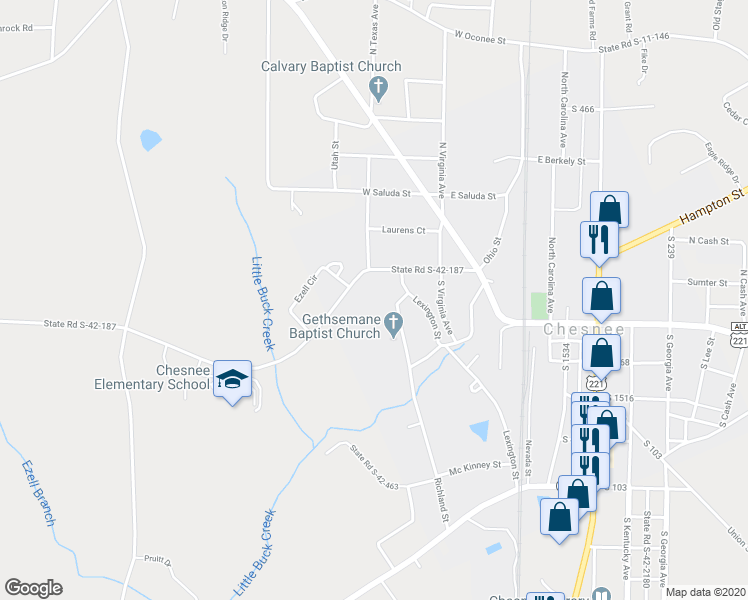 map of restaurants, bars, coffee shops, grocery stores, and more near 709 Fairfield Road in Chesnee