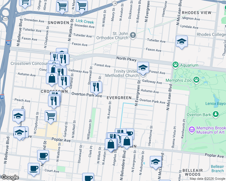 map of restaurants, bars, coffee shops, grocery stores, and more near 408 North Avalon Street in Memphis