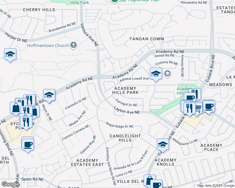map of restaurants, bars, coffee shops, grocery stores, and more near 9400 Academy Hills Drive Northeast in Albuquerque