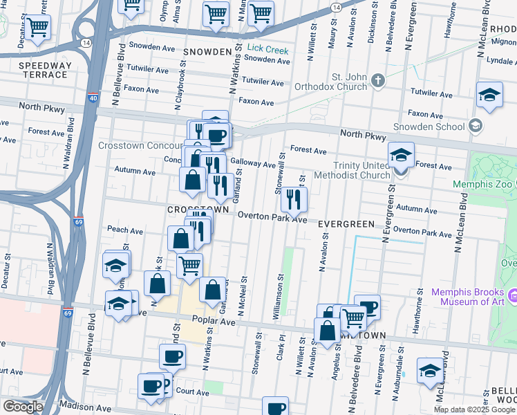 map of restaurants, bars, coffee shops, grocery stores, and more near 406 North McNeil Street in Memphis