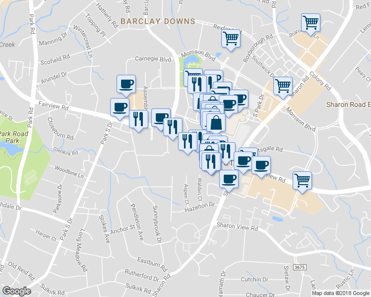 map of restaurants, bars, coffee shops, grocery stores, and more near 6310 Fairview Rd in Charlotte