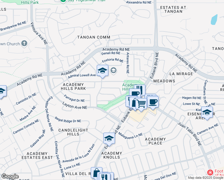 map of restaurants, bars, coffee shops, grocery stores, and more near 9816 Admiral Dewey Avenue Northeast in Albuquerque