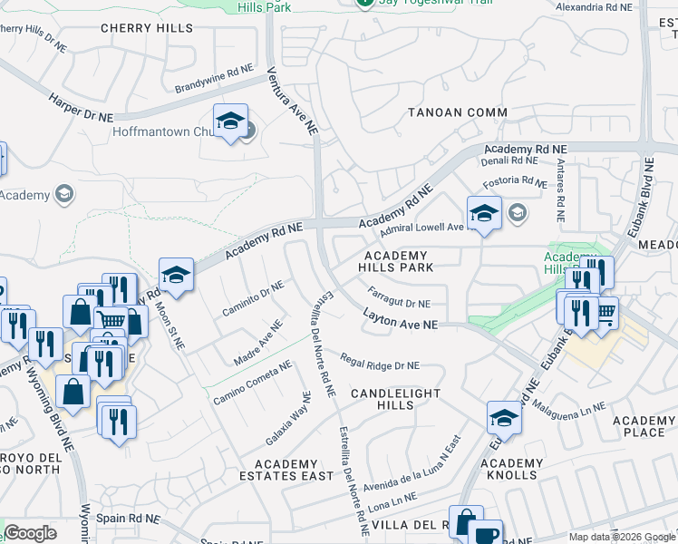 map of restaurants, bars, coffee shops, grocery stores, and more near 9204 Admiral Lowell Ave NE in Albuquerque