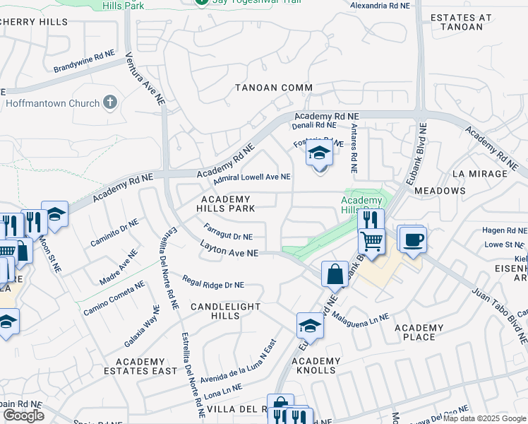 map of restaurants, bars, coffee shops, grocery stores, and more near 9604 Admiral Dewey Avenue Northeast in Albuquerque
