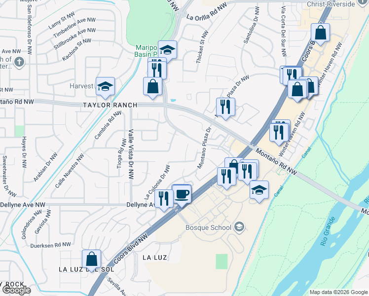 map of restaurants, bars, coffee shops, grocery stores, and more near 5701 Altima Place Northwest in Albuquerque