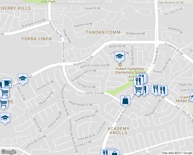 map of restaurants, bars, coffee shops, grocery stores, and more near 9604 Admiral Dewey Avenue Northeast in Albuquerque