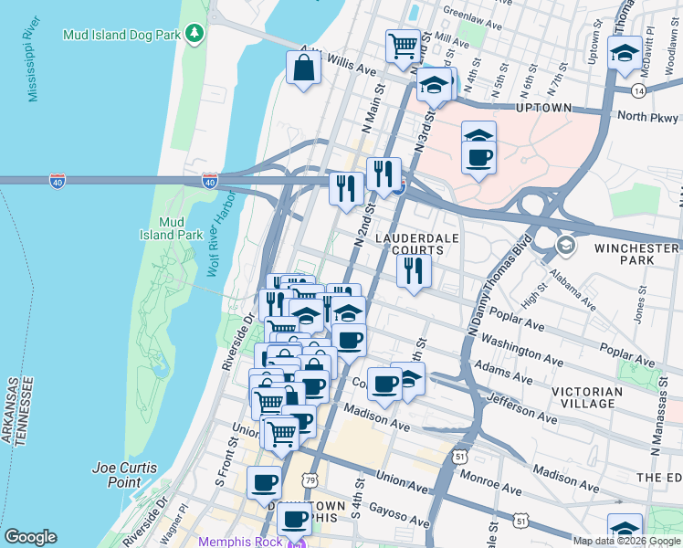 map of restaurants, bars, coffee shops, grocery stores, and more near 160 North 2nd Street in Memphis