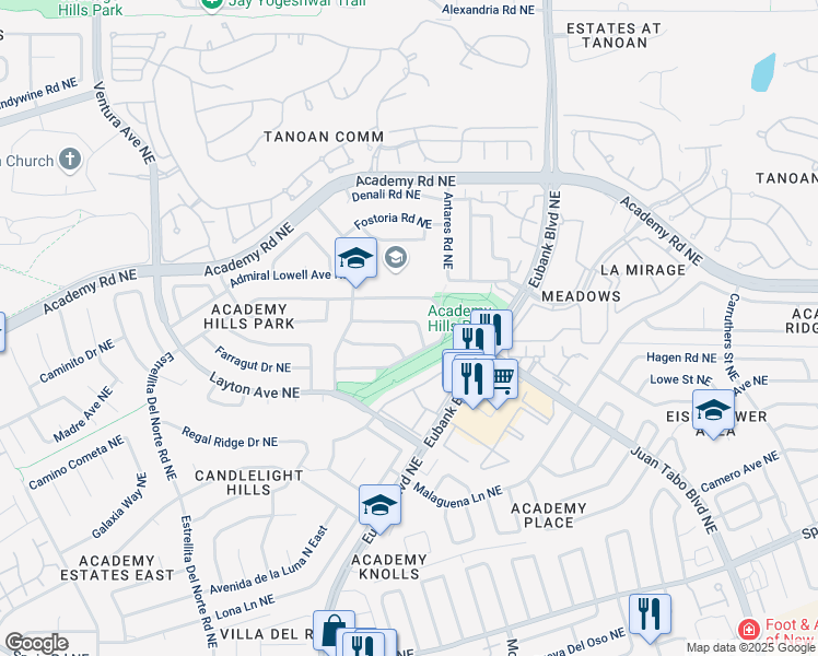 map of restaurants, bars, coffee shops, grocery stores, and more near 9816 Admiral Dewey Avenue Northeast in Albuquerque