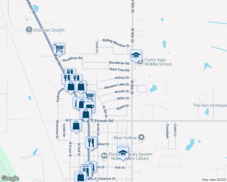 map of restaurants, bars, coffee shops, grocery stores, and more near 601 Woods Drive in Noble