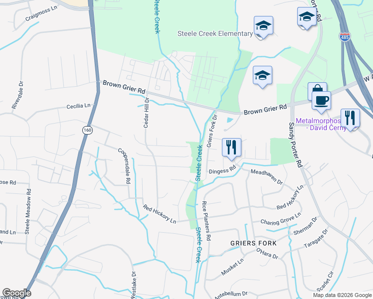 map of restaurants, bars, coffee shops, grocery stores, and more near 10111 Cannarti Drive in Charlotte