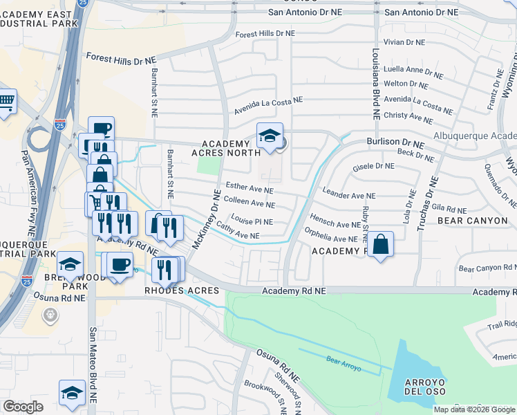map of restaurants, bars, coffee shops, grocery stores, and more near 6428 Colleen Avenue Northeast in Albuquerque