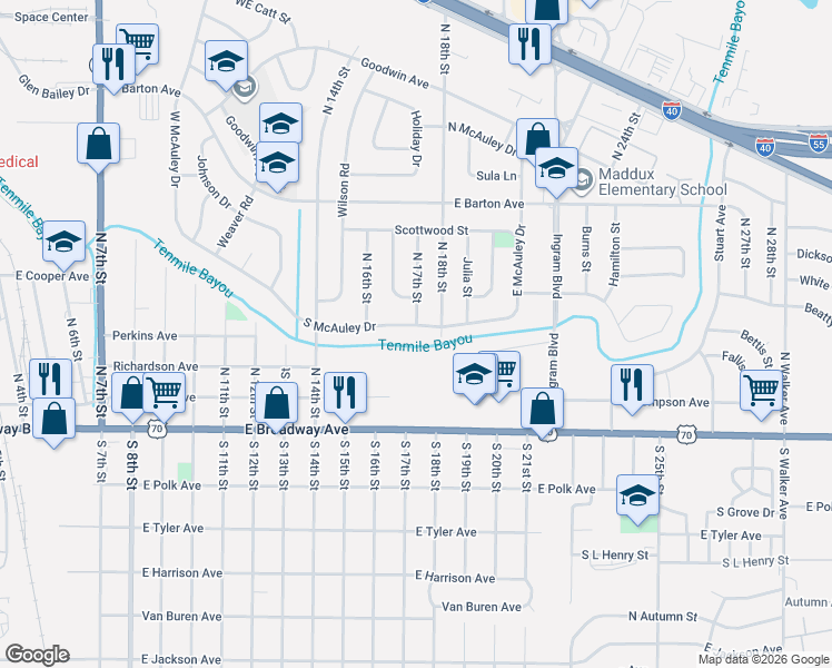 map of restaurants, bars, coffee shops, grocery stores, and more near 1701 South McAuley Drive in West Memphis