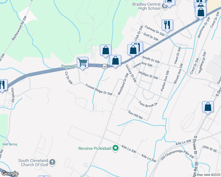 map of restaurants, bars, coffee shops, grocery stores, and more near 1724 Forest Ridge Circle in Cleveland
