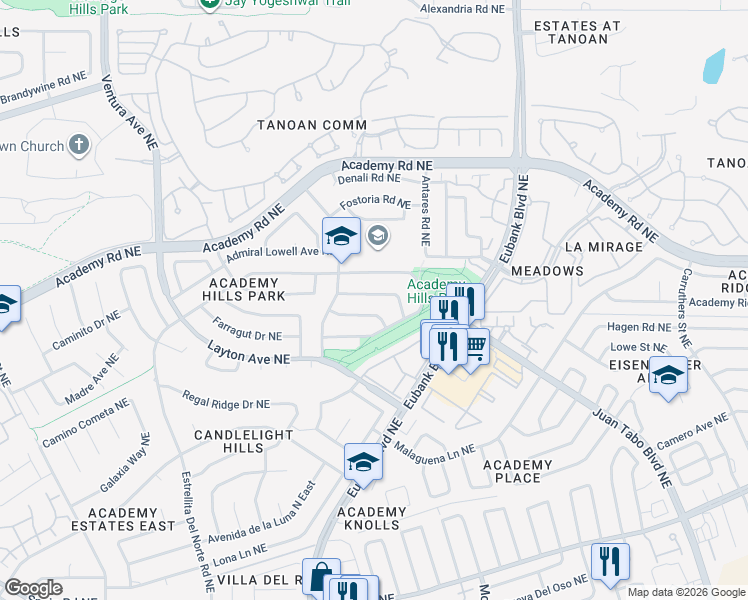 map of restaurants, bars, coffee shops, grocery stores, and more near 9816 Admiral Dewey Avenue Northeast in Albuquerque