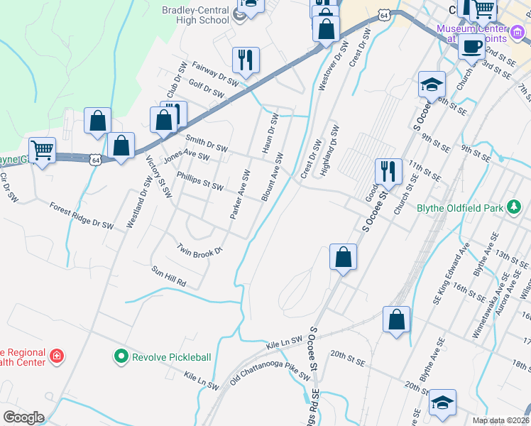 map of restaurants, bars, coffee shops, grocery stores, and more near 1605 Blount Avenue Southwest in Cleveland