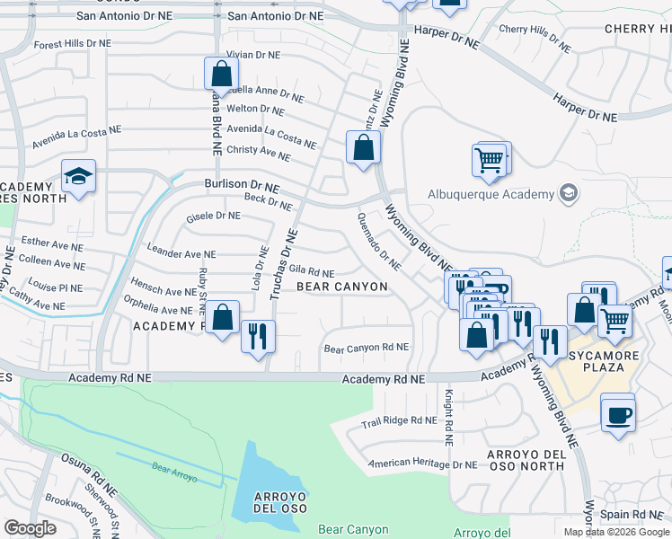 map of restaurants, bars, coffee shops, grocery stores, and more near 7433 Gila Road Northeast in Albuquerque