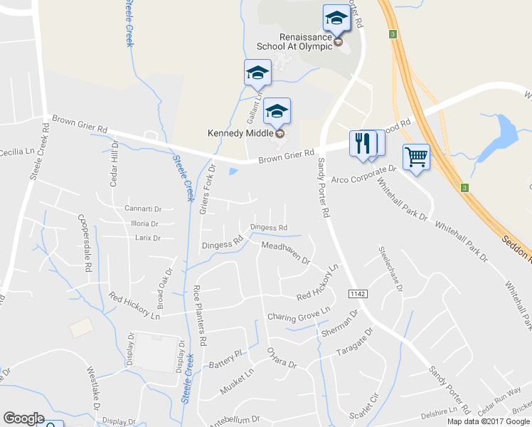 map of restaurants, bars, coffee shops, grocery stores, and more near 11846 Kearney Court in Charlotte