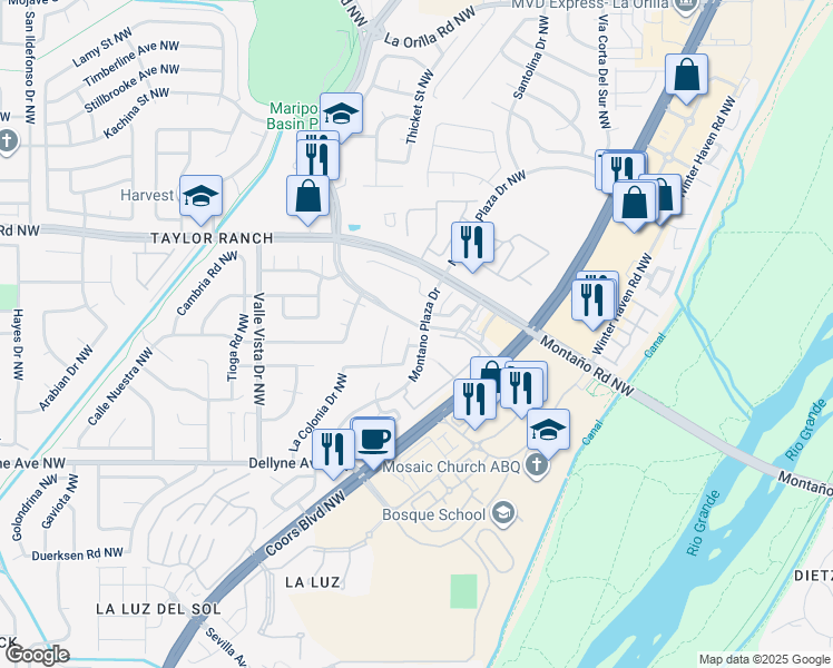 map of restaurants, bars, coffee shops, grocery stores, and more near 5709 La Colonia Drive Northwest in Albuquerque