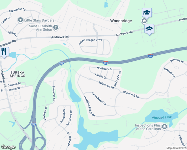 map of restaurants, bars, coffee shops, grocery stores, and more near 1019 Liberty Lane in Fayetteville