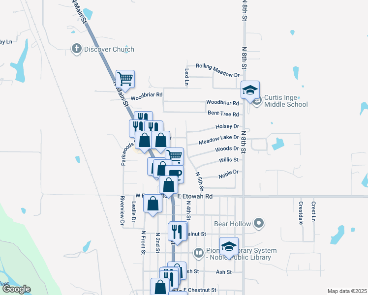 map of restaurants, bars, coffee shops, grocery stores, and more near 1006 North 5th Street in Noble