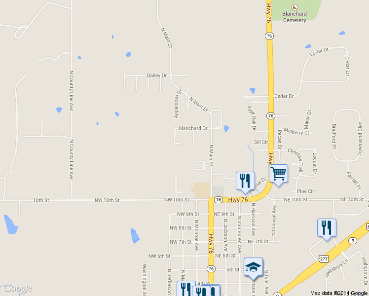 map of restaurants, bars, coffee shops, grocery stores, and more near 304 Cherokee Court in Blanchard