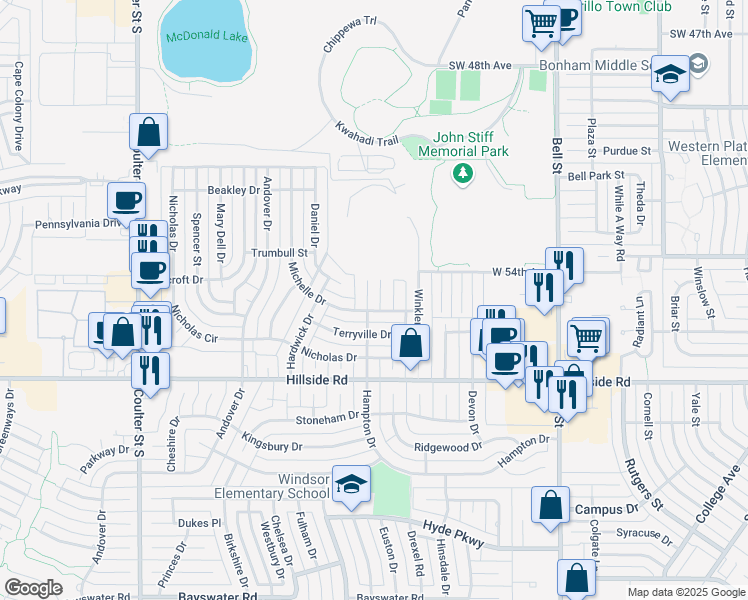 map of restaurants, bars, coffee shops, grocery stores, and more near 5711 Hampton Drive in Amarillo