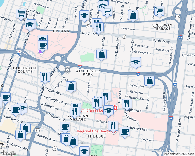 map of restaurants, bars, coffee shops, grocery stores, and more near 317 North Manassas Street in Memphis