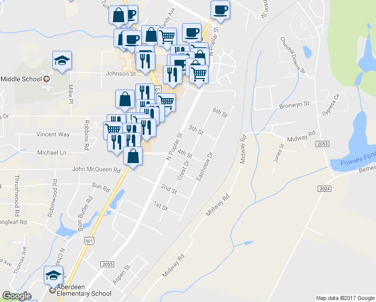 map of restaurants, bars, coffee shops, grocery stores, and more near 1601 Crest Drive in Aberdeen