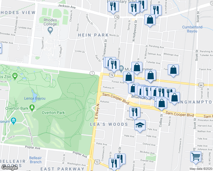 map of restaurants, bars, coffee shops, grocery stores, and more near 2360 Parkway Place in Memphis