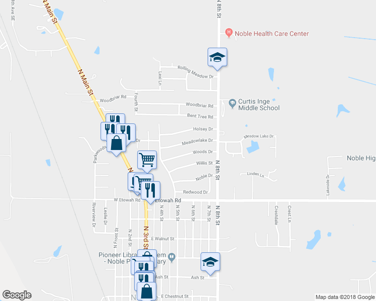 map of restaurants, bars, coffee shops, grocery stores, and more near 601 Woods Drive in Noble