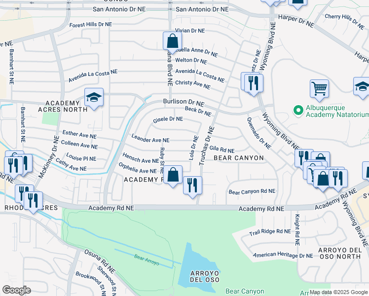 map of restaurants, bars, coffee shops, grocery stores, and more near 7105 Esther Avenue Northeast in Albuquerque