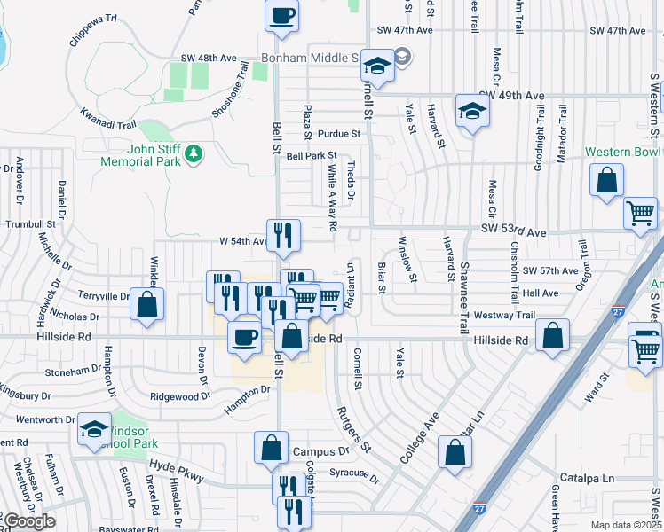 map of restaurants, bars, coffee shops, grocery stores, and more near 5712 Autumn Place in Amarillo