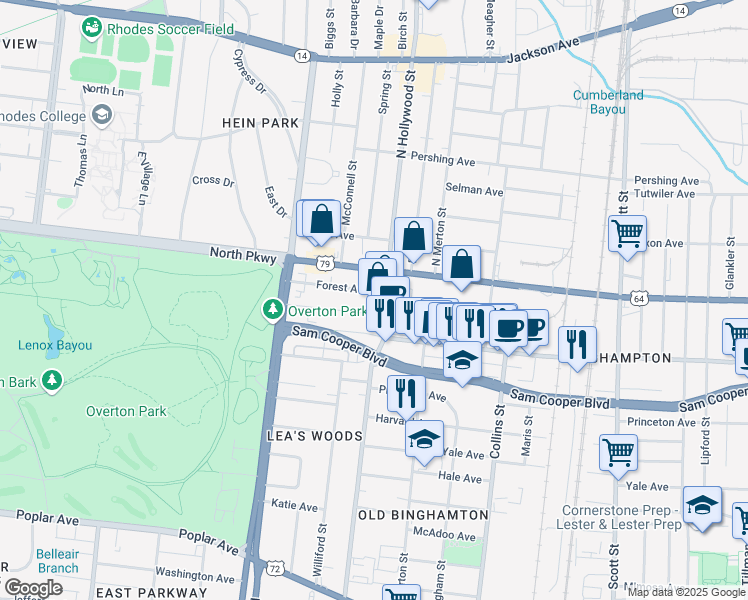 map of restaurants, bars, coffee shops, grocery stores, and more near 2445 Forest Avenue in Memphis