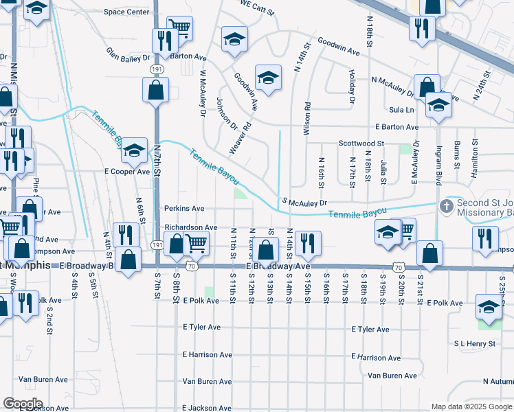 map of restaurants, bars, coffee shops, grocery stores, and more near 401 North 12th Street in West Memphis